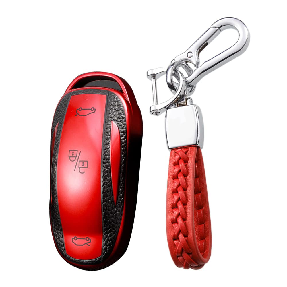 KUNIO Autoschlüssel Hülle Schutzhülle Passt für Tesla Model X TPU Leder-Textur Schlüsselanhänger Fernbedienung Cover Schlüsselhülle Schlüsselbund Schlüsselschutz Model X Rot von KUNIO