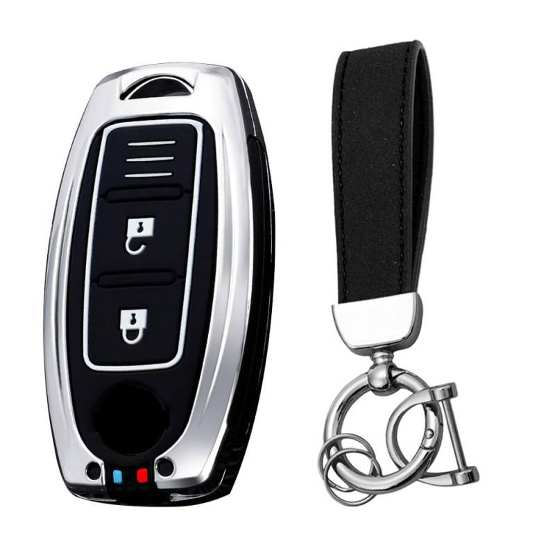 KUNIO Keyless Schlüsselhülle Passt für Nissan Juke Qashqai Murano X-Trail T32 Micra Schlüsseletui Metallgehäuse Schlüsselcover Schlüsselanhänger 2 Tasten A Silber von KUNIO