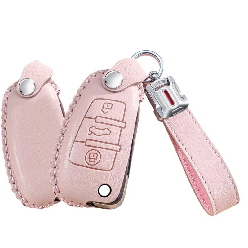 KUNIO Klappschlüssel hülle für Audi A1 A3 8V A4 A6 Q2 Q3 TT TTS RS RS3 S3 Sline Leder Autoschlüssel Schutz Schlüsselcover Schlüsselanhänger Geschenk 3 Tasten B Rosa von KUNIO