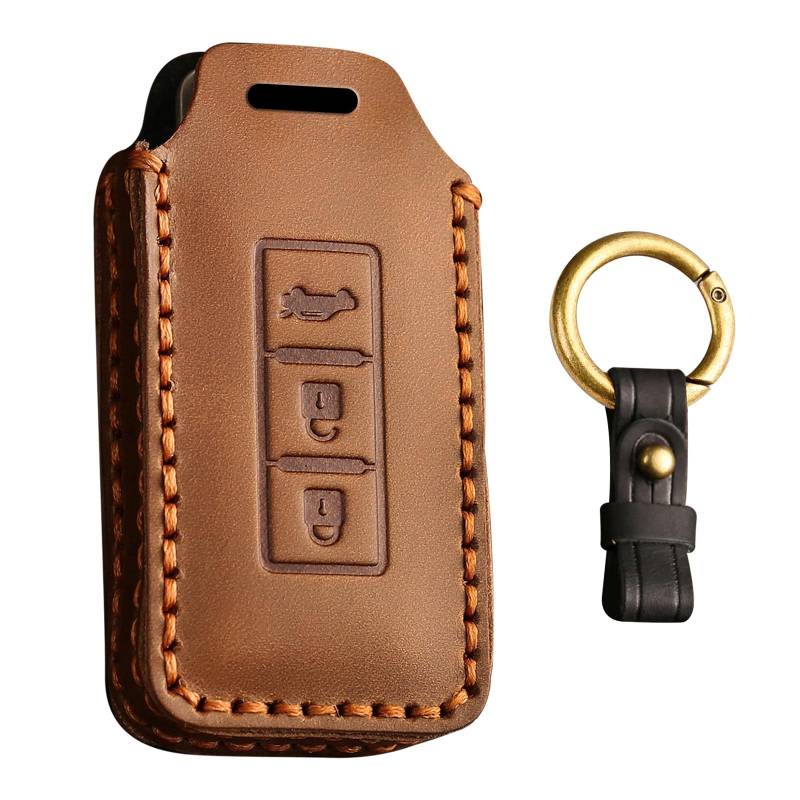 KUNIO Leder Schlüsselhülle Passt für Mitsubishi Outlander PHEV Eclipse Cross ASX Pajero Sport Schutz Keyless Schlüsseletui Schlüsselanhänger 3 Tasten Braun von KUNIO