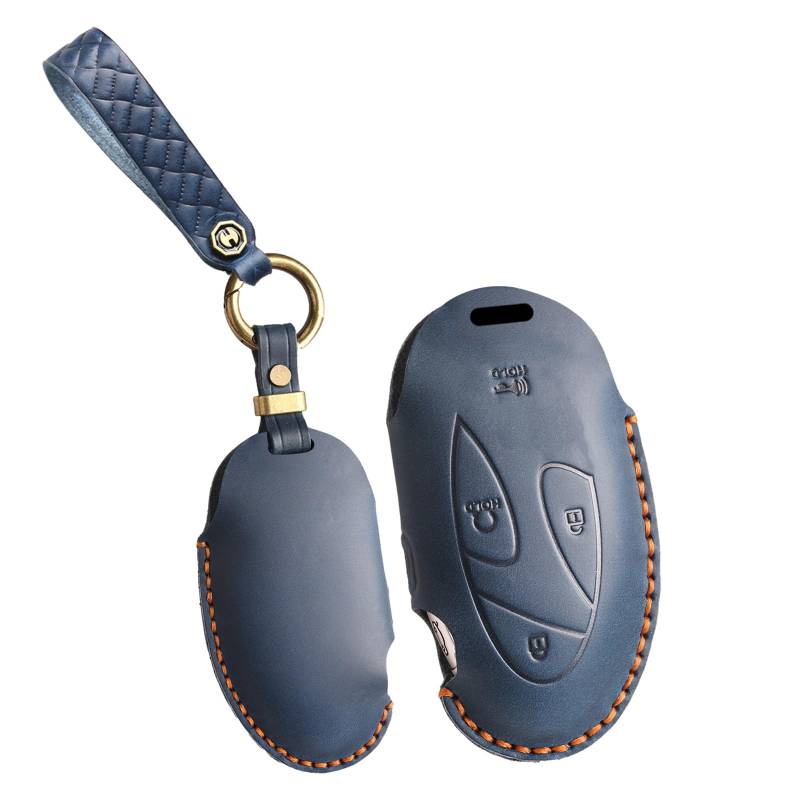 KUNIO Leder Schlüsselhülle für Hyundai Ioniq 6 Grandeur GN7 KONA Santa Fe Elantra 2023 2024 Autoschlüssel Schutz Handgefertigt Schlüsselanhänger 7 Tasten Blau von KUNIO