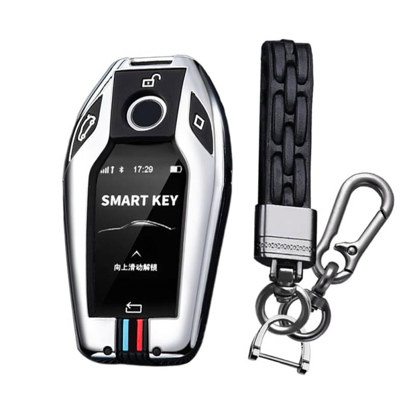 KUNIO Schlüsselhülle Passt für BMW Display Key X5 G05 2018-2025 Autoschlüssel Hülle Metall Schlüsselanhänger 3 Tasten Schlüsselanhänger A Silber von KUNIO