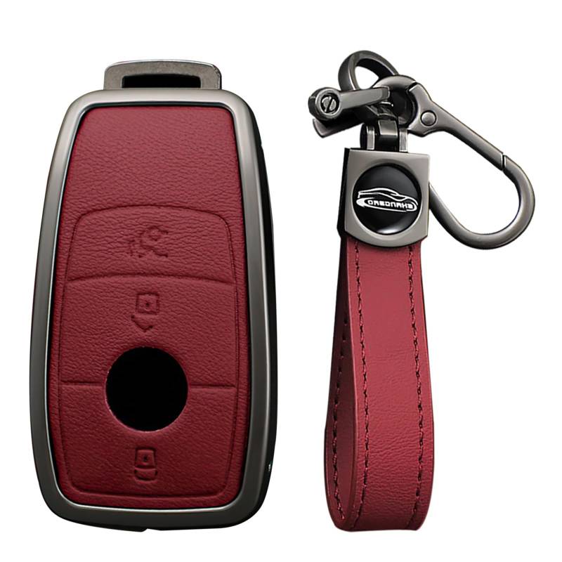 KUNIO Schlüsselhülle Passt für Mercedes A B C E S G Klasse GLC CLE GLB CLA W177 W247 B200 W205 S63 AMG A200 MS Schlüsselschutz Etui Zinklegierung Leder Schlüsselanhänger 3 Tasten A Rot von KUNIO