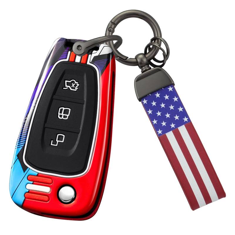 KUNIO Smart Autoschlüssel Hülle Cover passt für Ford Focus Kuga Escort EcoSport Grand C-Max Puma Galaxy B-Max MK4 MK8 Schlüsselhülle Schutzhülle 3 Tasten B Rot von KUNIO