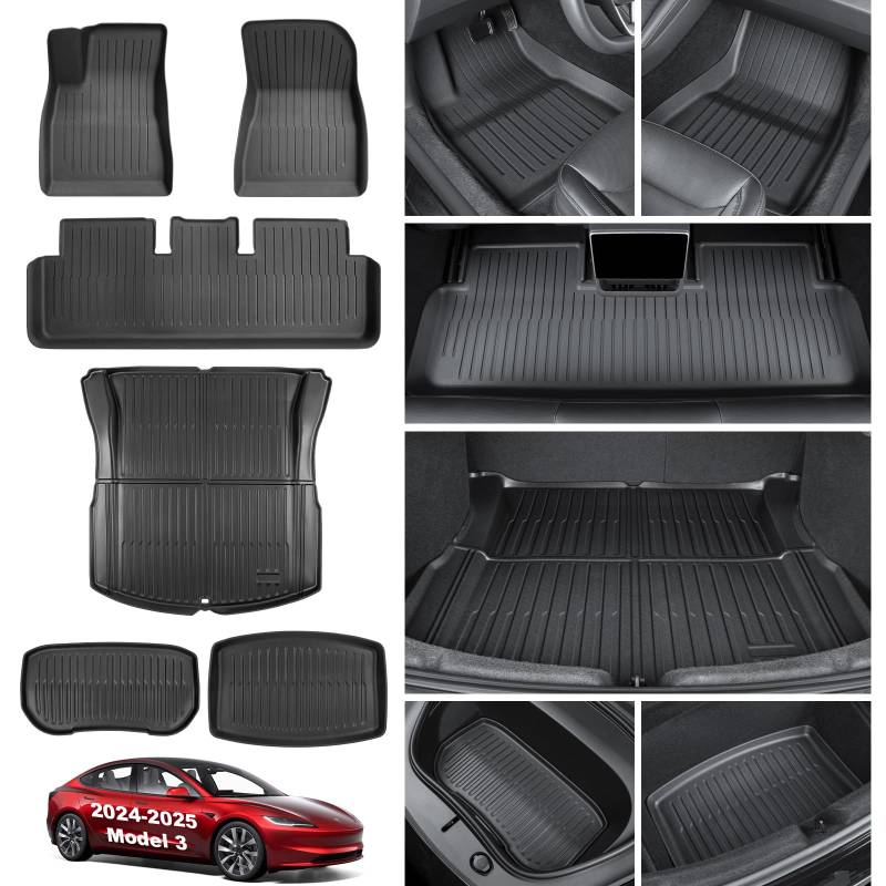 KUNIST Fußmatten für Tesla Model 3 2023 2022 2021 Doppelschicht Abnehmbare TPE Cargo Liner Allwetter Wasserdicht Anti-Rutsch Front Kofferraummatten Heck Kofferraummatte Innenzubehör (Set von 9 Matten) von KUNIST