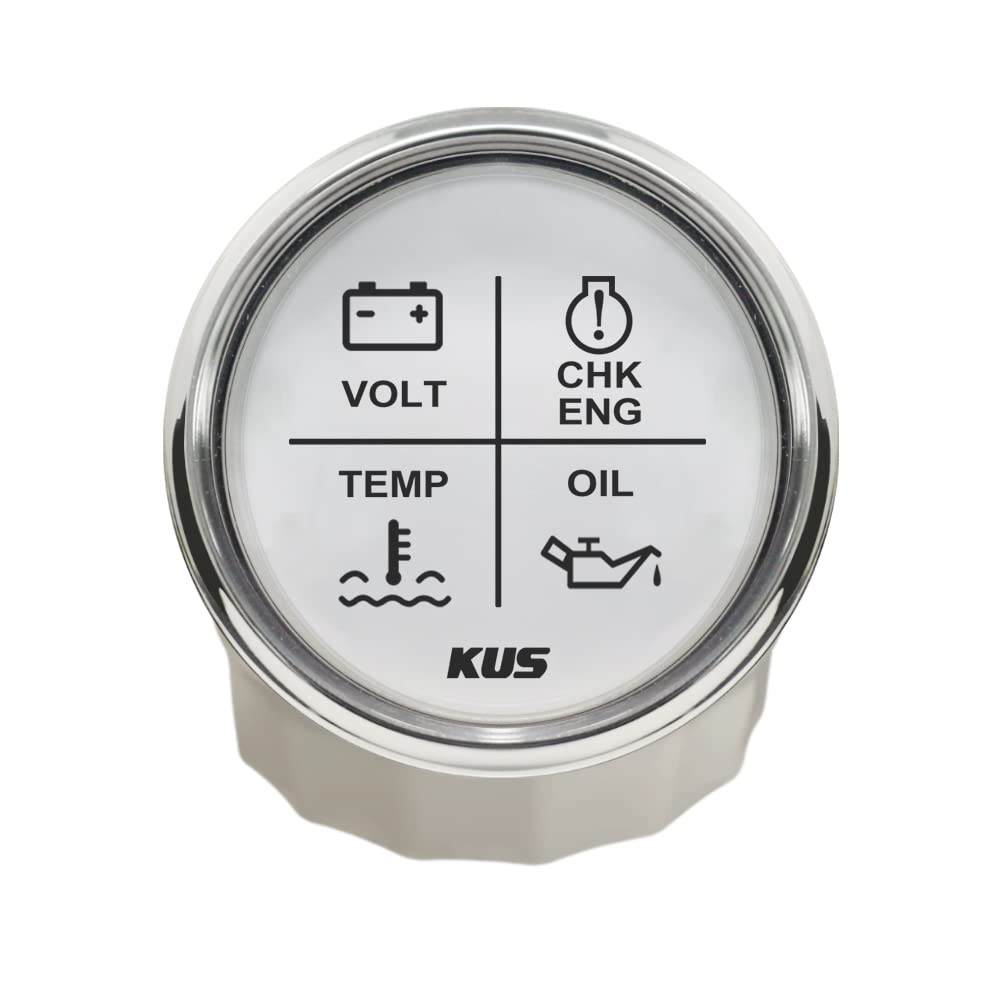 KUS 4 LED Motoralarmanzeige Meter Volt Wassertemperatur Öldruck CHK ENG 52mm 12V 24V (weiß) von KUS