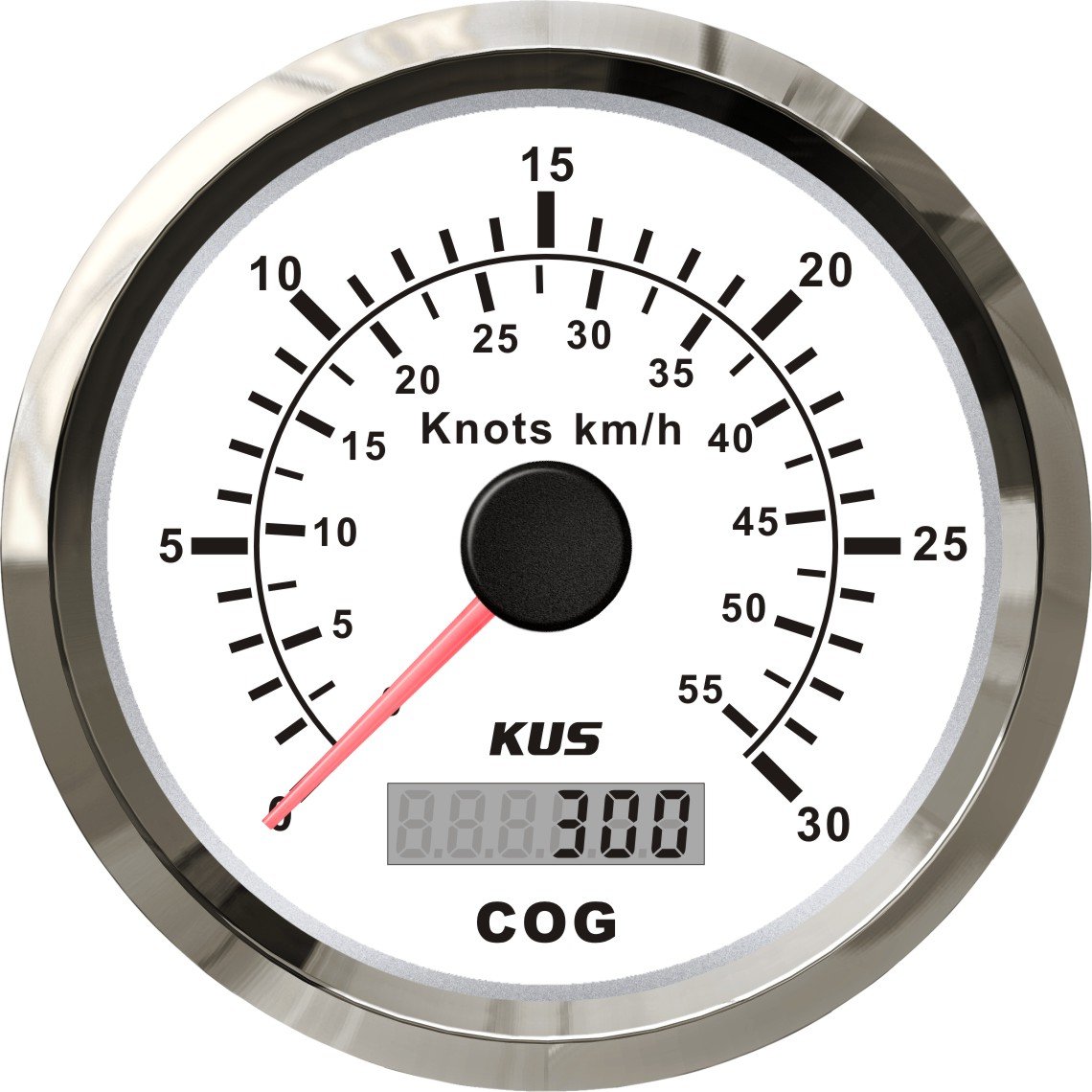 KUS - GPS-Anzeige für Geschwindigkeit mit Kompass bis 30Knoten / 55km/h, weisses Display, Edelstahl-Lünette von KUS