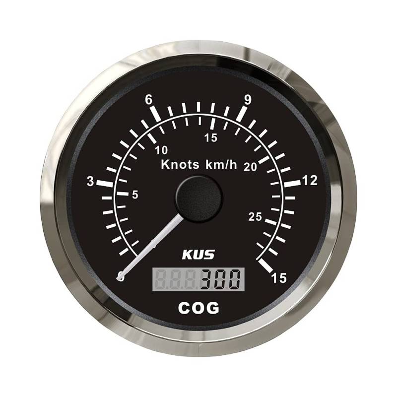 KUS Universal-GPS-Tacho, 15 Knoten, 28 km/h, Geschwindigkeitsmesser, für Boote, Yachten, 85 mm, mit Hintergrundbeleuchtung, schwarz, 9–32 V von KUS