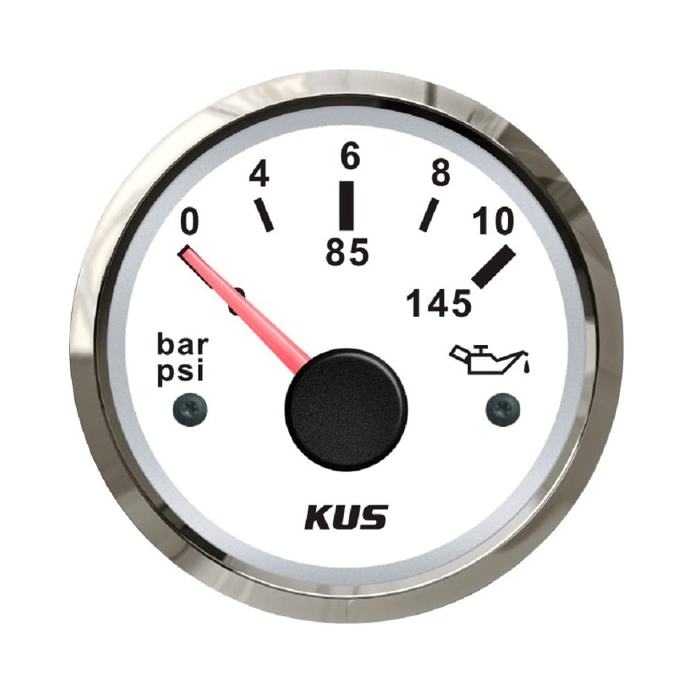 KUS Warranted Oil Kraftstoff Manometer Meter 0-10Bar 0-145PSI Mit Hintergrundbeleuchtung 12V / 24V 52MM (2") (Weiß) von KUS