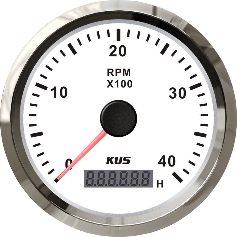 KUS - Drehzahlmesser mit digitalem Betriebsstundenzähler 4000RPM, weisses Display mit Edelstahl-Lünette von KUS USA