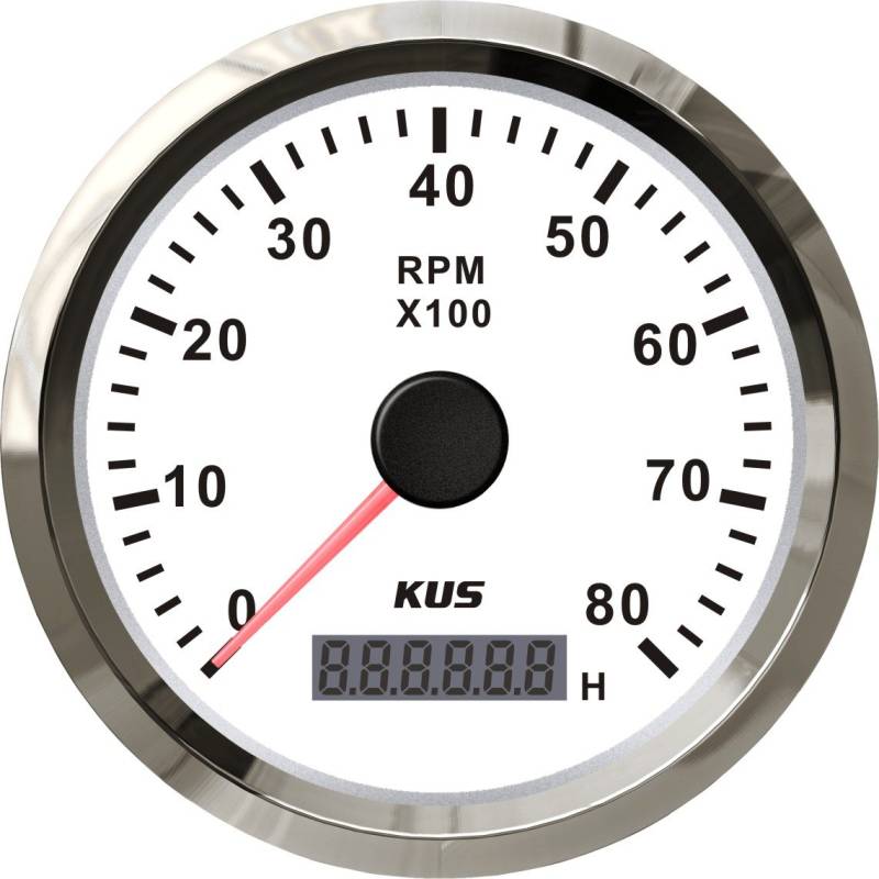 KUS Universal Tachoanzeige mit Stundenzähler 8000 U/min für 85mm Benzinmotor 12V/24V mit Hintergrundbeleuchtung (Weiß) von KUS