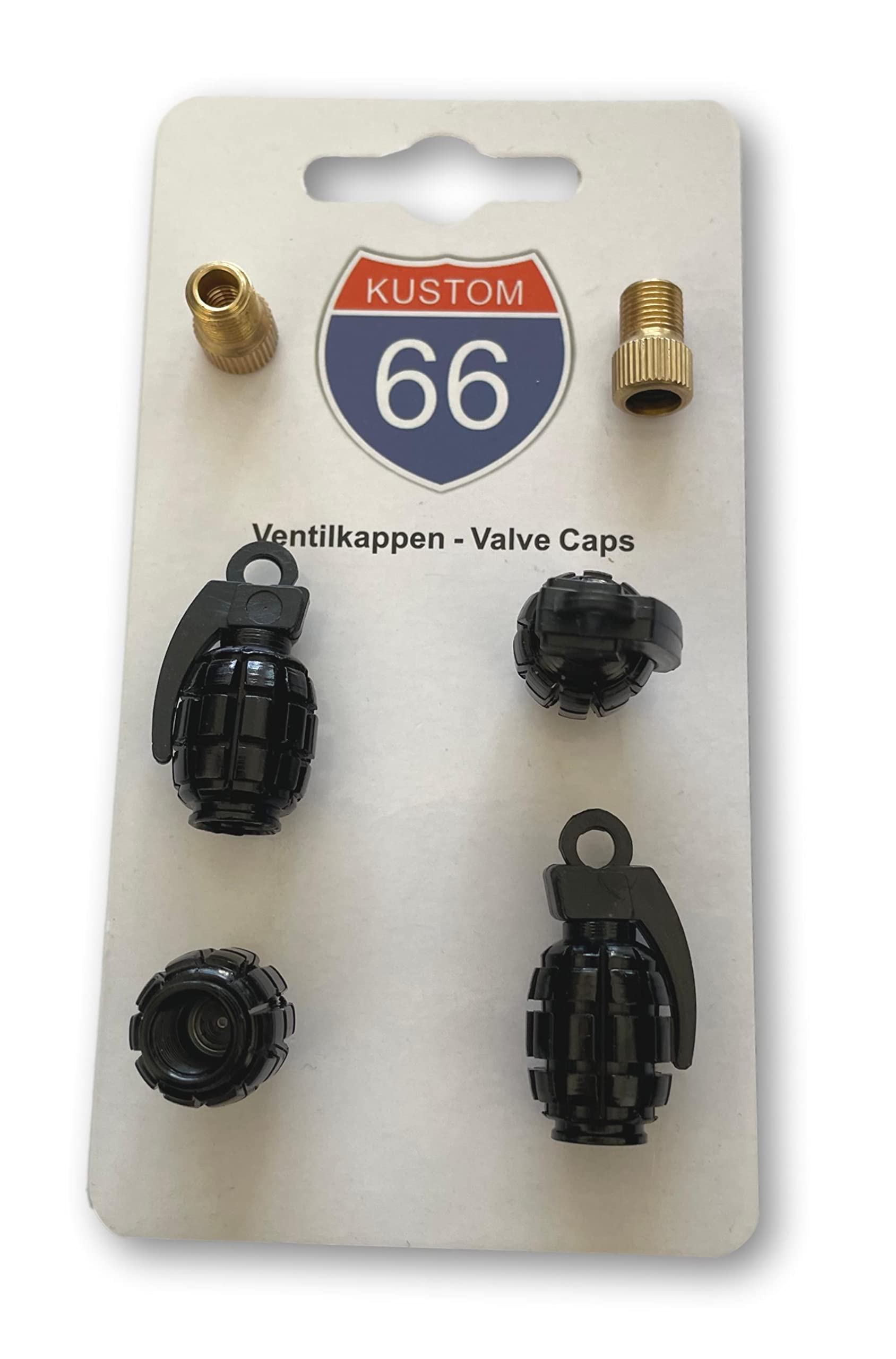 4er Set Ventilkappen + 2 Fahrradadapter - Handgranate in Schwarz - für jedes Auto, Motorrad und Fahrrad geeignet 4er Set Ventilkappen + 2 Fahrradadapter - Handgranate in Schwarz - für jedes Auto, Motorrad und Fahrrad geeignet von KUSTOM66