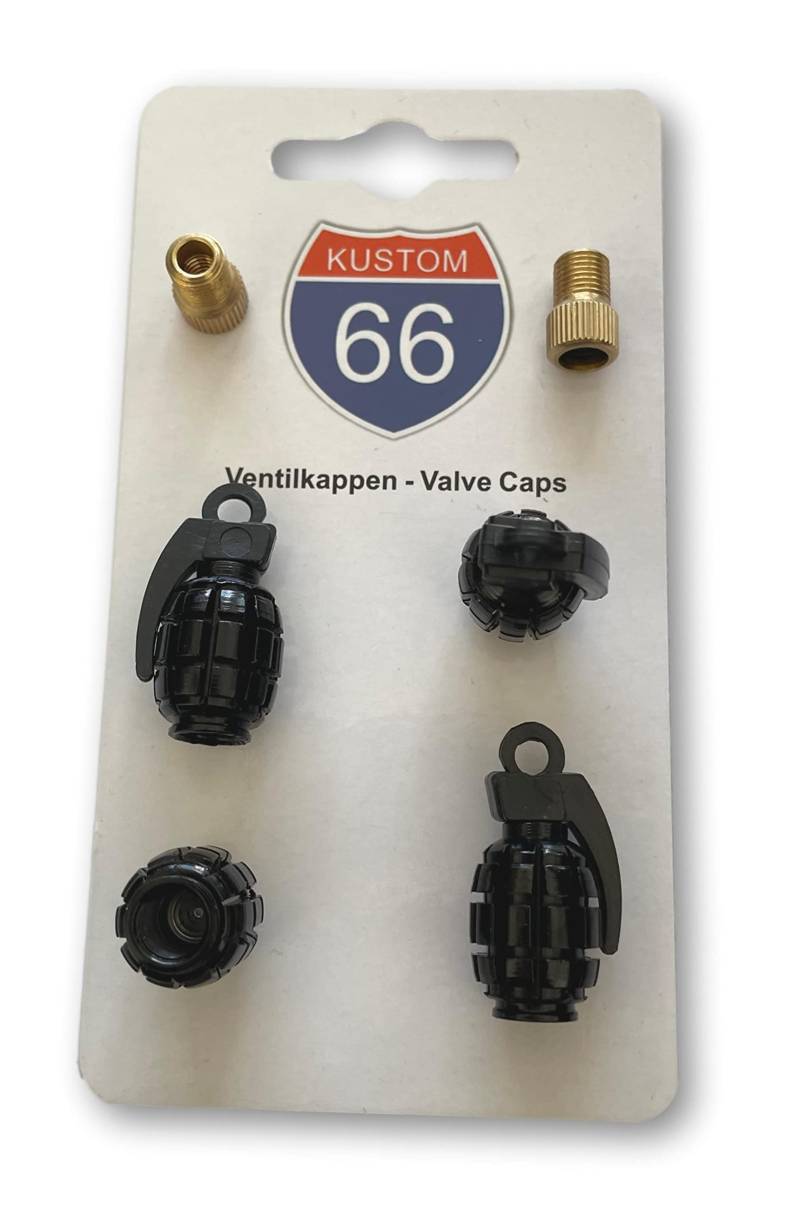 4er Set Ventilkappen + 2 Fahrradadapter - Handgranate in Schwarz - für jedes Auto, Motorrad und Fahrrad geeignet von KUSTOM66