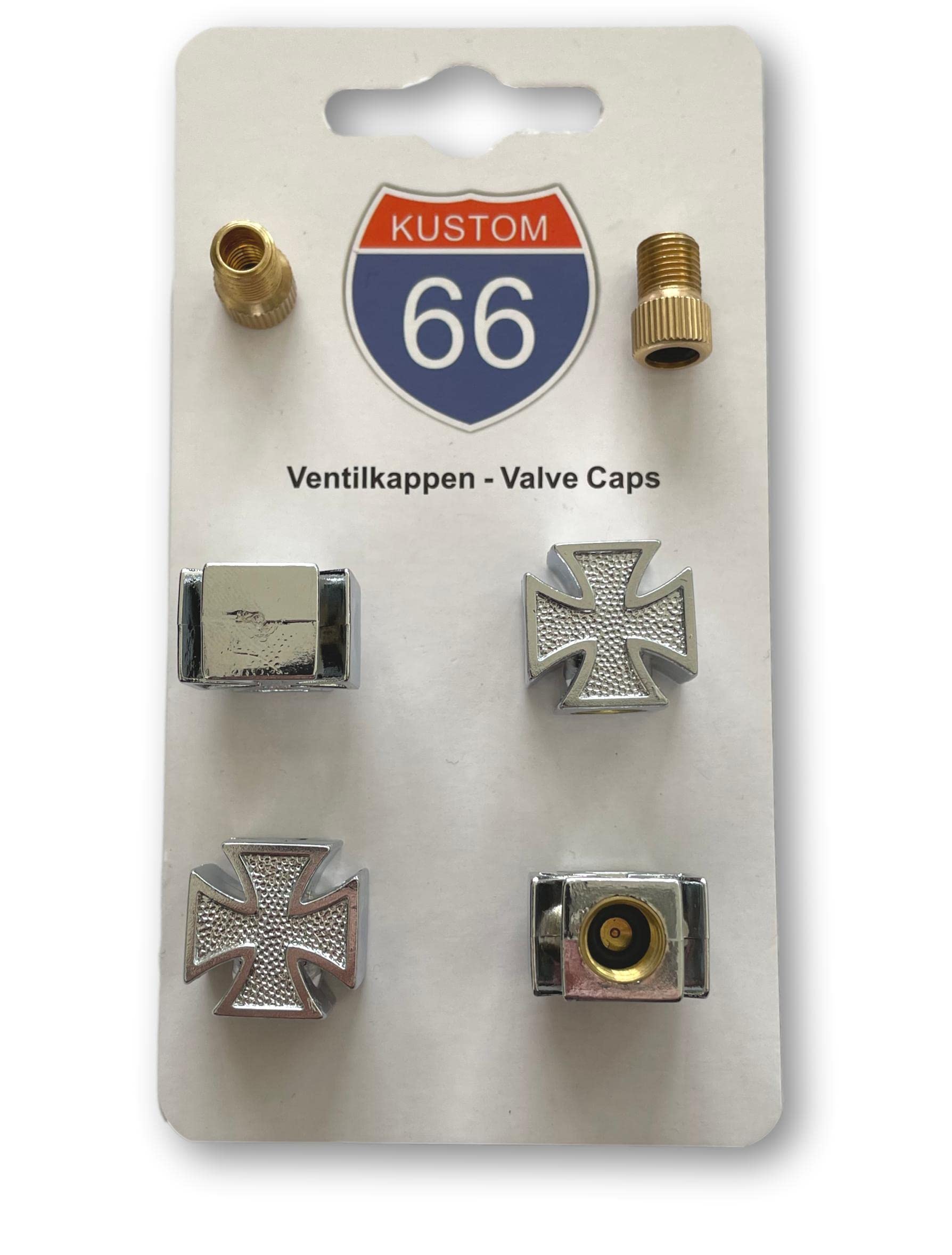 4er Set Ventilkappen + 2 Fahrradadapter - Iron Cross Silber - für jedes Auto, Motorrad und Fahrrad geeignet von KUSTOM66