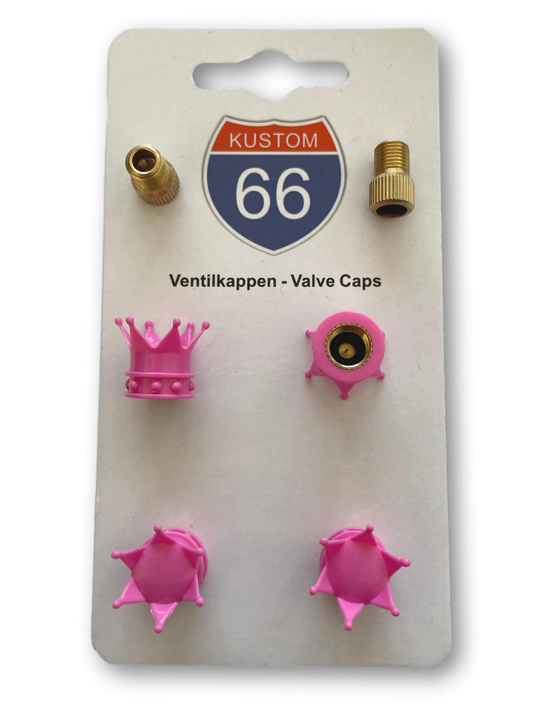 4er Set Ventilkappen + 2 Fahrradadapter - Krone Pink - für jedes Auto, Motorrad und Fahrrad geeignet von KUSTOM66