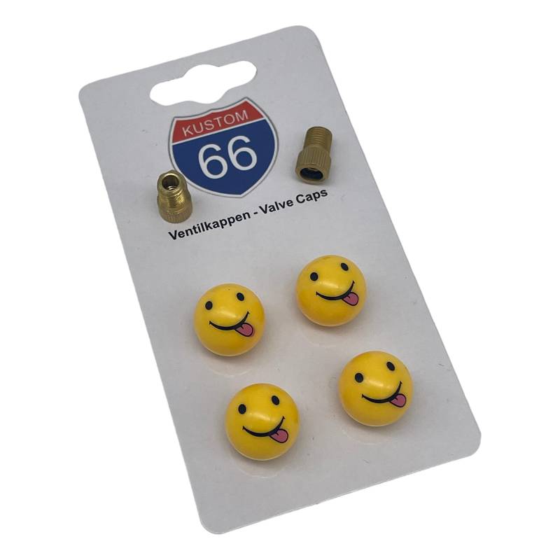 4er Set Ventilkappen + 2 Fahrradadapter - Smiley mit Zunge in gelb - für jedes Auto, Motorrad und Fahrrad geeignet von KUSTOM66