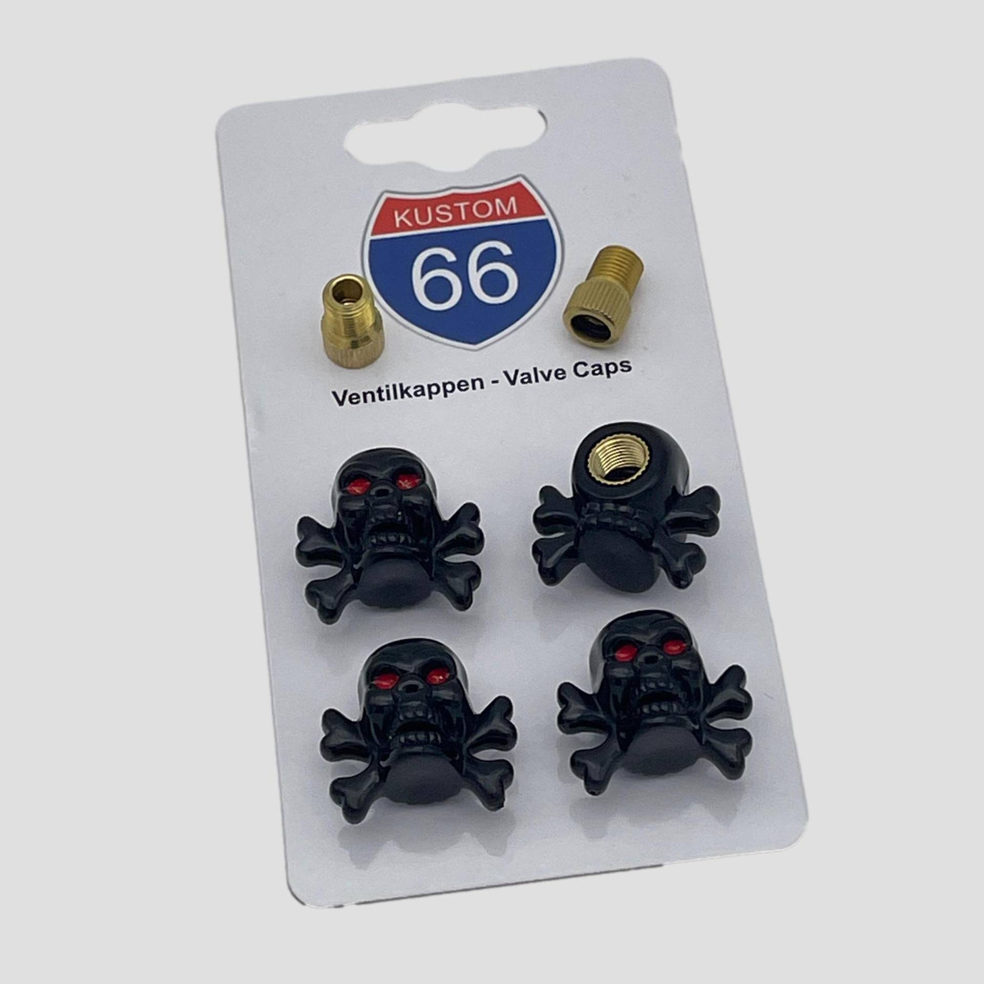 4er Set Ventilkappen + 2 Fahrradadapter - Totenkopf schwarz mit Knochen - für jedes Auto, Motorrad und Fahrrad geeignet 4er Set Ventilkappen + 2 Fahrradadapter - Totenkopf schwarz mit Knochen - für jedes Auto, Motorrad und Fahrrad geeignet von KUSTOM66