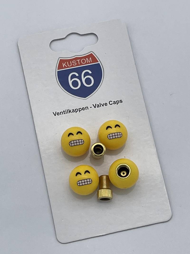 4er Set Ventilkappen und 2 Fahrrad Adapter Zähne zeigendes Emoji in gelb für jedes Fahrrad Auto und Motorrad von KUSTOM66