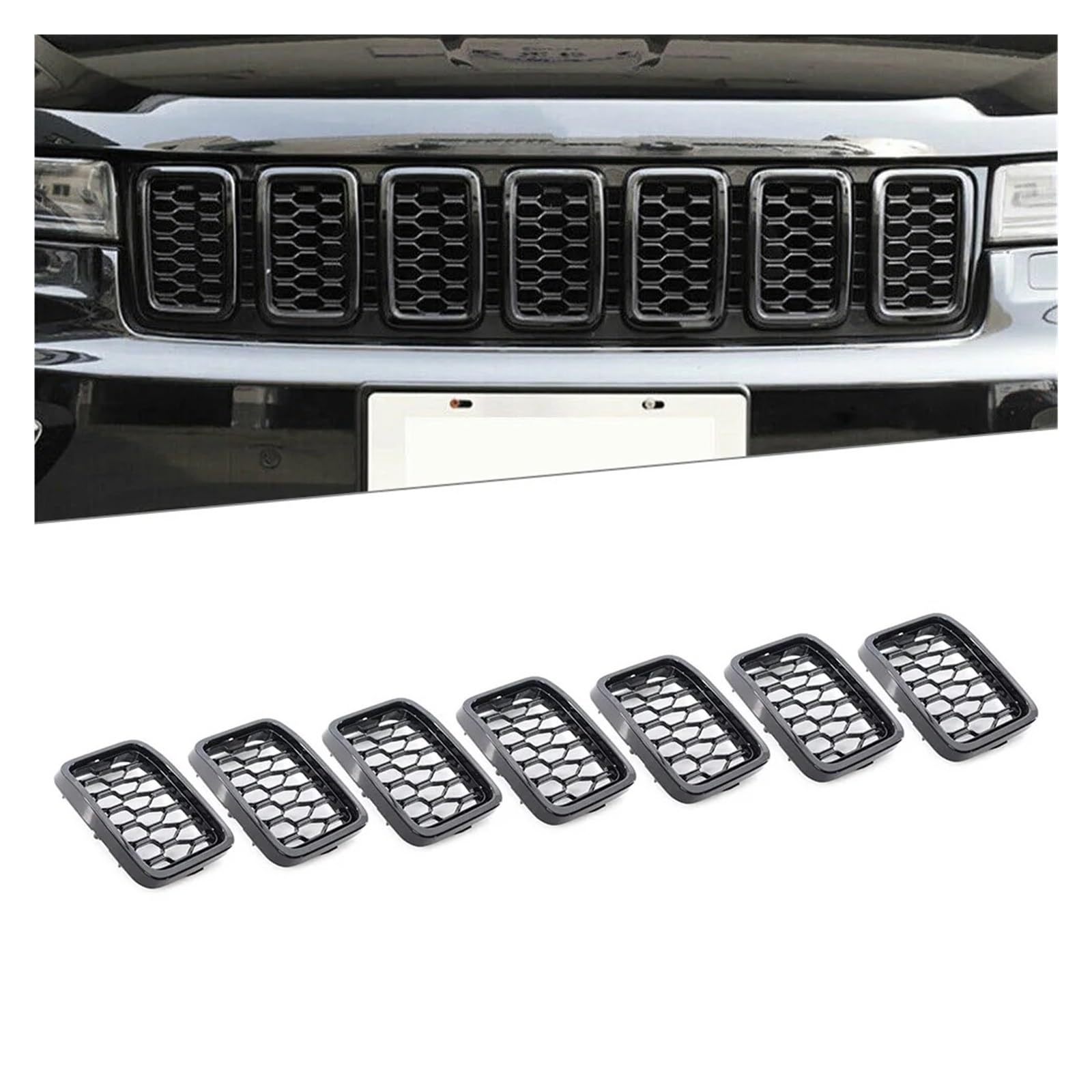 Auto Kühlergrill 7 Teile/Satz Für Jeep Für Grand Für Cherokee 2017 2018 2019 2020 2021 68317863AA Auto Kühlergrill Honeycomb Mesh Abdeckung Insert Decor Trim Kühlergrill Grill(Glossy Black) von KUVIEZ