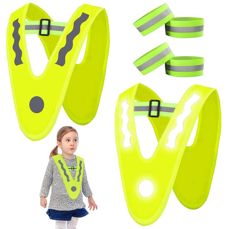 Warnweste Kinder, Reflektoren Kinder, 2 Stück Reflektierende Weste mit 4 Stück Reflektorband, Sicherheitsweste Reiten, V-Form Leuchtweste Kinder für Fahrrad, Sport, Laufen, Auto von KVGBNT