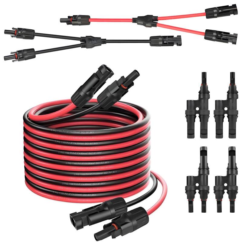 Solarkabel 4mm² Solarkabel Verlängerung 5M, 6mm² Solarkabel Y-Verteiler,1 Paar Solarpanel 1Y2 10AWG Y Stecker PV Kabel, 2 Paar Y Stecker, T-Typ Solarstecker PV Stecker Verlängerungskabel (Rot/Schwarz) von KWODE