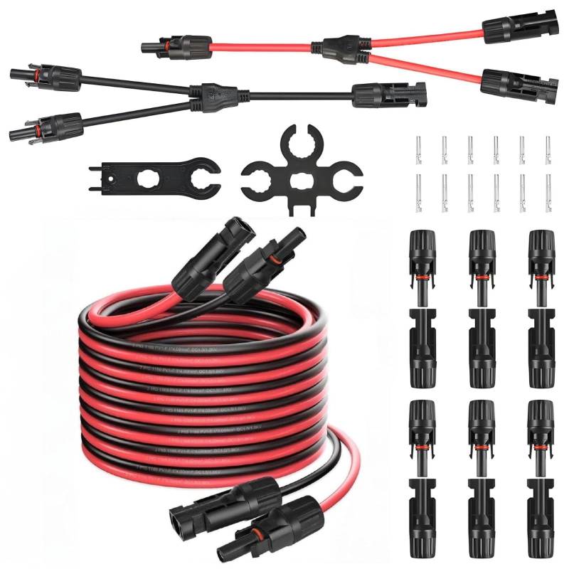 Solarkabel 4mm² Solarkabel Verlängerungskabel 5M, 6mm² Solarkabel Y-Verteiler,1 Paar Solarpanel 1Y2 10AWG Y Stecker PV Kabel, 6 Paar Solarstecker, 2 Werkzeug, IP67 PV Stecker Verlängerung(Rot/Schwarz) von KWODE