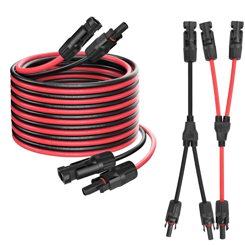 Solarkabel 4mm² Solarkabel Verlängerung 5M+6mm² Solarkabel Y-Verteiler,1 Paar Solarpanel 1Y2 10AWG Y Stecker Fotovoltaik Kabel, für Solaranlage Steckerfertig Solarkabel Verlängerungskabel(Rot/Schwarz) von KWODE