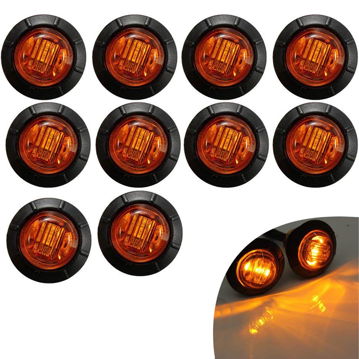 KYYET 10 Stück (3/4 Zoll) Mount LED Heckmarkierungsleuchten für LKWs, Trails, Cab Marker, RV Marker, Marine LED Utility Strip Licht für Boote, Rücklicht, Bremslicht, Bremslicht, 12 V (Bernstein) von KYYET