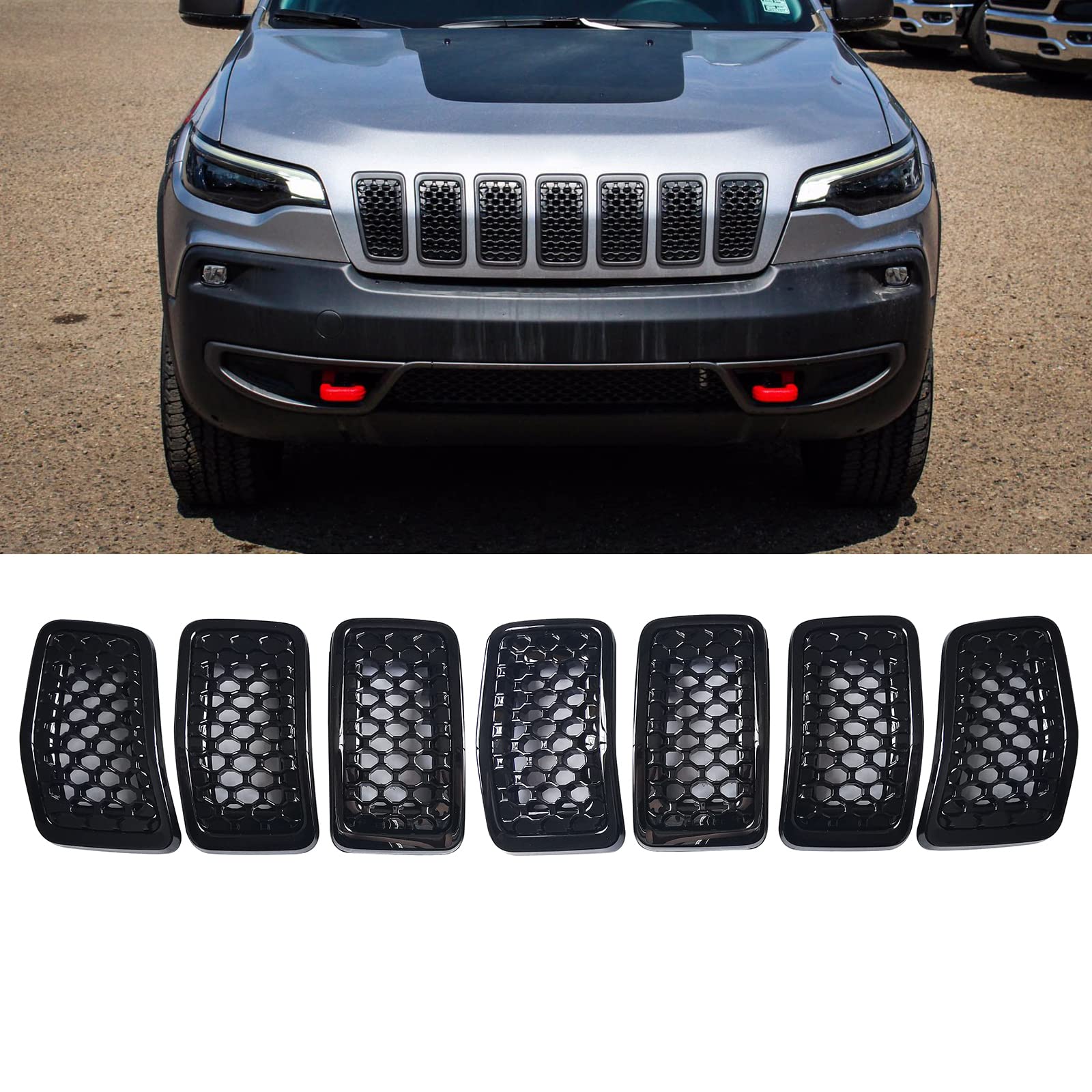KYYET 7 Stück glänzende, schwarze Frontgitter Gitter Gitter Verkleidung Wabeneinsatz Abdeckung kompatibel mit Jeep Cherokee 2019 2020 2021 Zubehör von KYYET