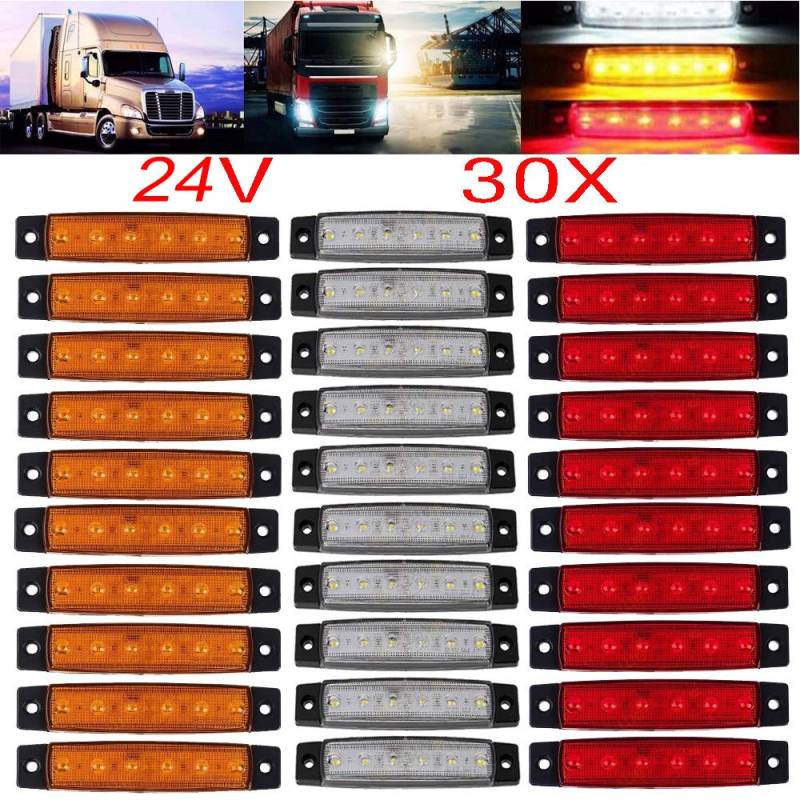 KYYET DC 24 V LED-Seitenmarkierungsleuchten, 6 LEDs, 2835 SMD-Abstand, für LKW, Anhänger, Wohnmobil, Pickup, Traktor, LKW, SUV, Boot, stoßfest (10 Stück rot + 10 Stück weiß + 10 Stück bernsteinfarben) von KYYET