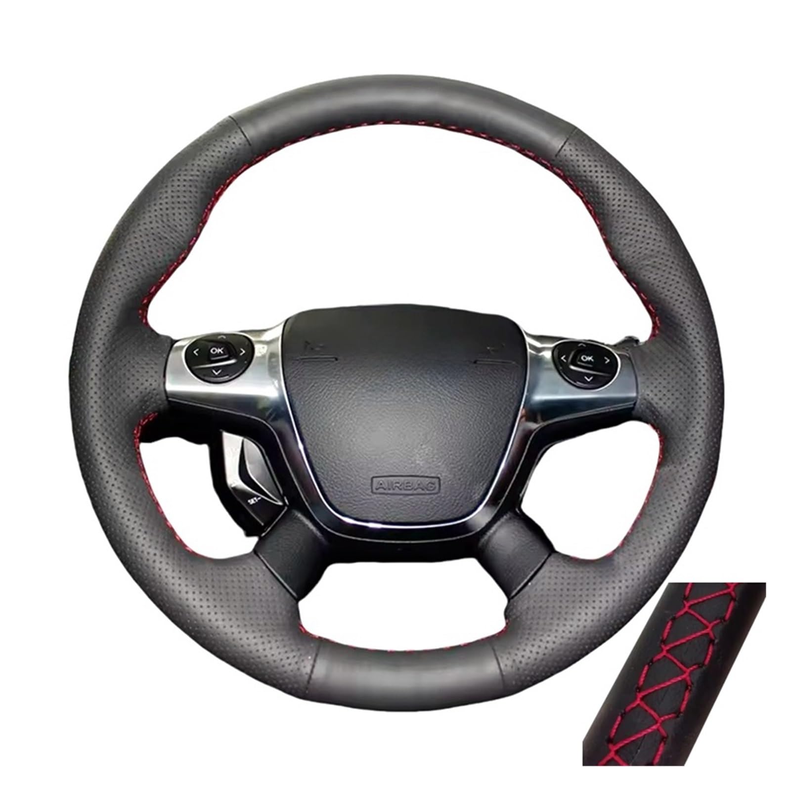 Auto Lenkradabdeckung Für Ford Für KUGA Für Escape 2013-2016 Für Focus 3 2012-2014 Autolenkradabdeckung Mikrofaserleder(Red Thread) von KZZYPJ