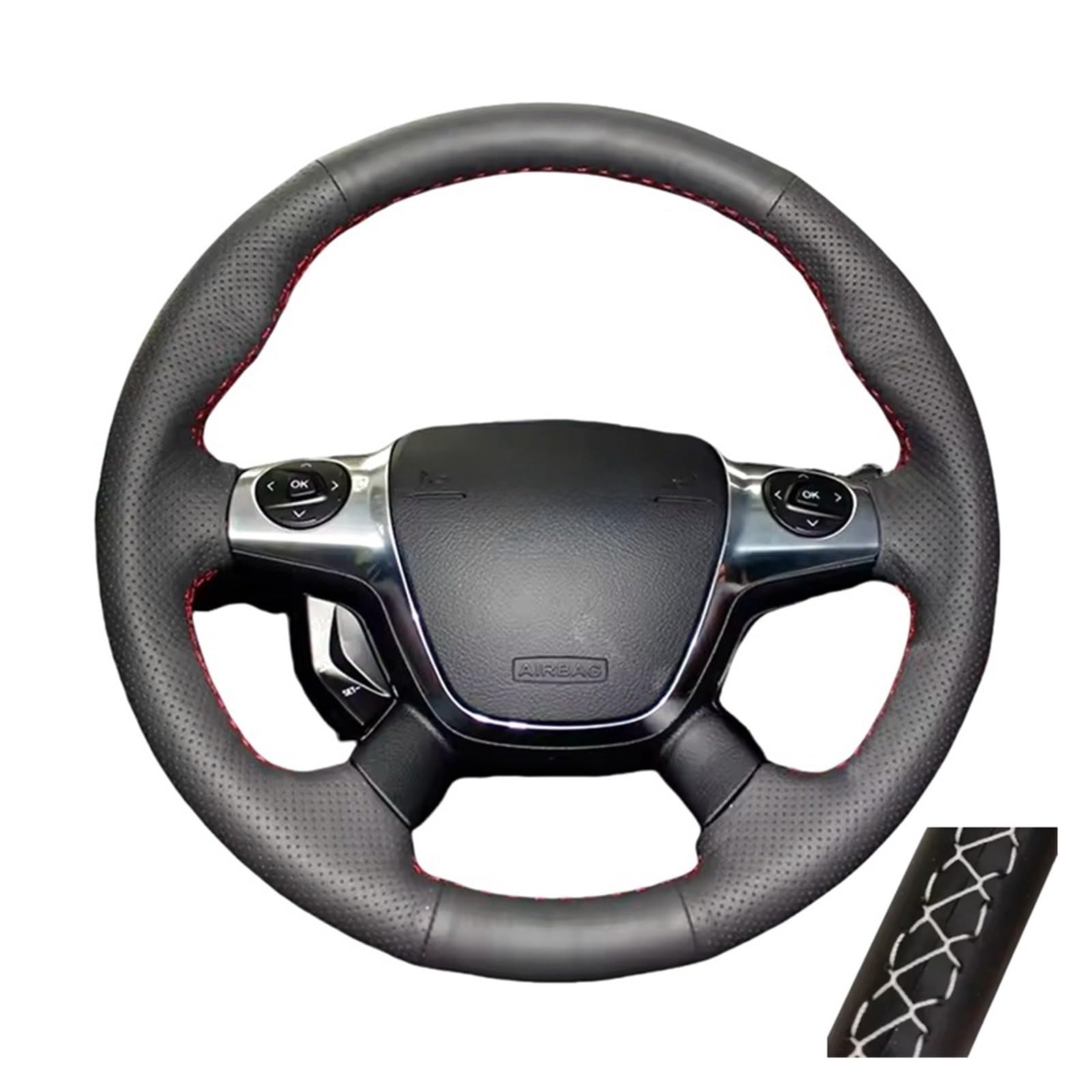 Auto Lenkradabdeckung Für Ford Für KUGA Für Escape 2013-2016 Für Focus 3 2012-2014 Autolenkradabdeckung Mikrofaserleder(White Thread) von KZZYPJ