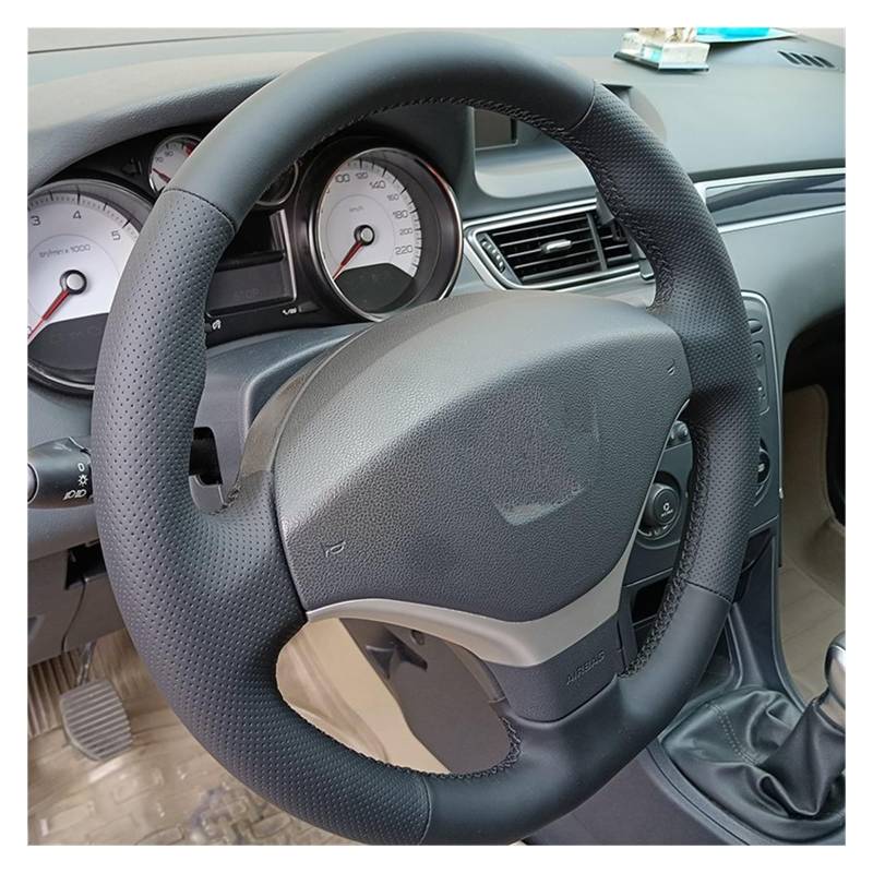 Auto Lenkradabdeckung Für Peugeot 308 2012 2013 2014 Geflochtene, rutschfeste, Verschleißfeste Auto-Lenkradabdeckung Aus Echtem Leder Schwarz(Black Thread) von KZZYPJ
