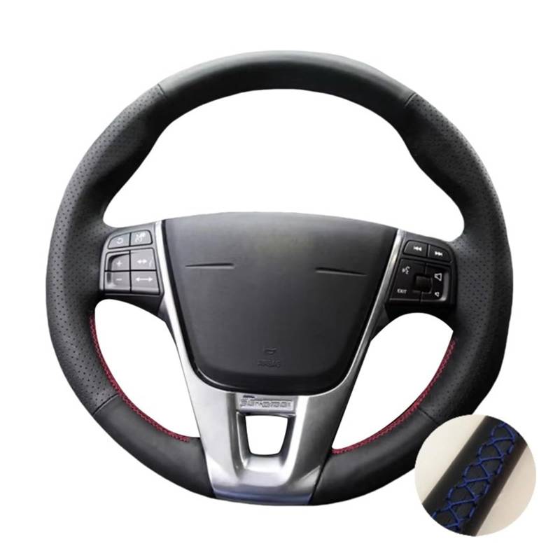 Auto Lenkradabdeckung Für Volvo Für V40 Für XC60 Für S60 Für LV60 Für S80L Schwarz Perforierte Mikrofaser-Leder-Lenkradabdeckung(Blue Thread) von KZZYPJ