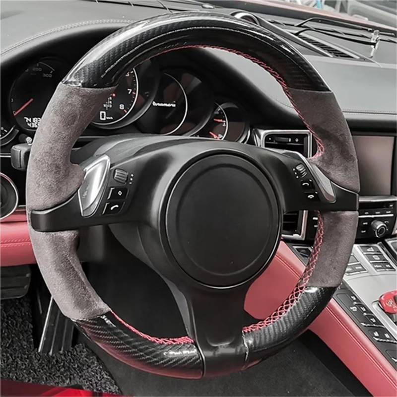 Auto-Lenkradbezug Auto-Lenkradbezug Handgenäht rutschfest Aus Schwarzem Kohlefaser-Wildleder Für Cayenne Für Panamera 2010 2011 2012(Black Thread) von KZZYPJ