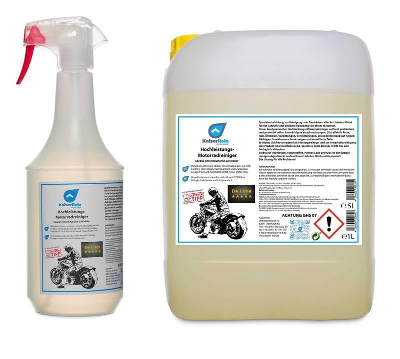 KaiserRein professional Hochleistungs Motorrad- und Zweirad-Reiniger 1 L Sprühflasche + 5 L Nachfüll-kanister Spezial-Entwicklung für Zweiräder Citrus Reiniger für Profis… von KaiserRein professional