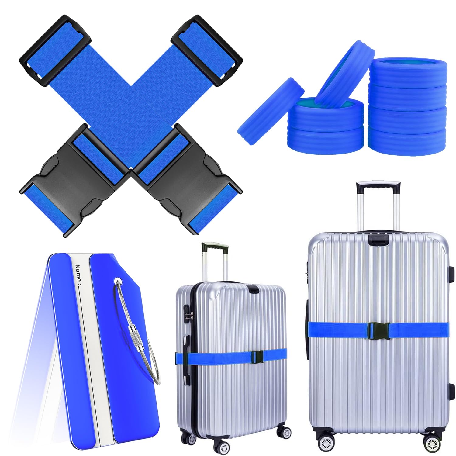 8-Stück Kofferrollen Schutz, Gepäck-Radabdeckungen, Kofferrollen Silikon, 2 Stück Koffergurt, 1 Stück Kofferanhänger, rutschfest und geräuscharm, für Koffer Zubehör(Blau) von Kakveiai