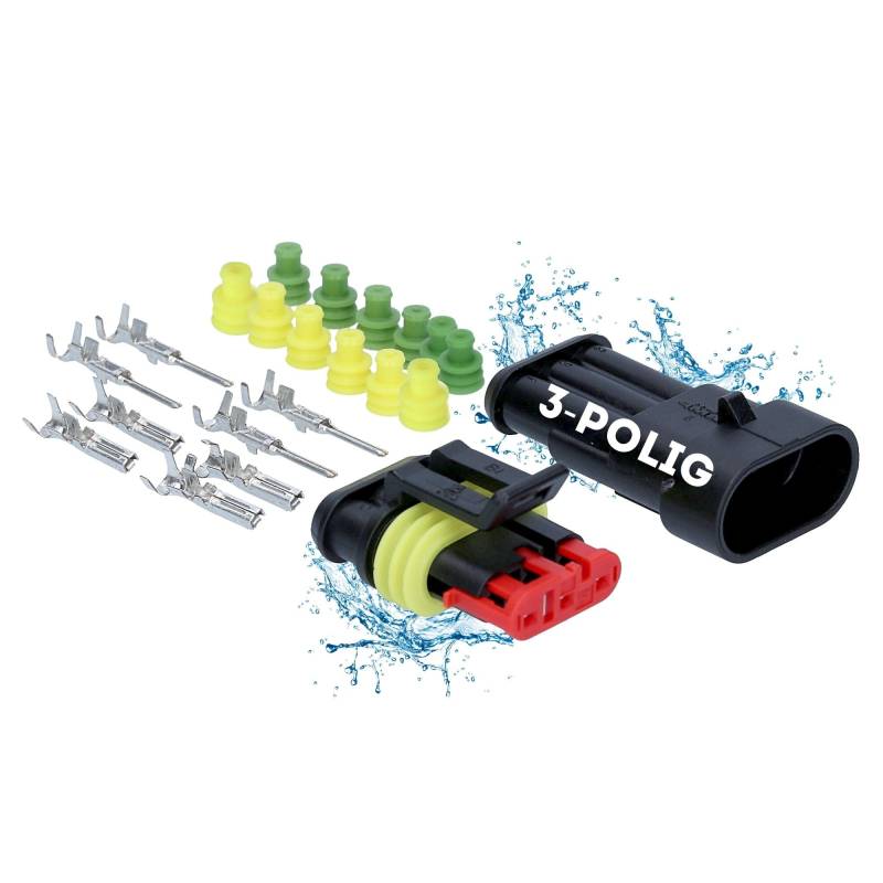 Kalitec KALI-1003 Superseal Set 3-Polig I KFZ Stecker 1,50 mm² max. 24 Volt I wasserdicht IP67 I ölbeständige Schnellverbinder aus glasfaserverstärktem Polyamid (PA) für Auto, Motorrad von Kalitec