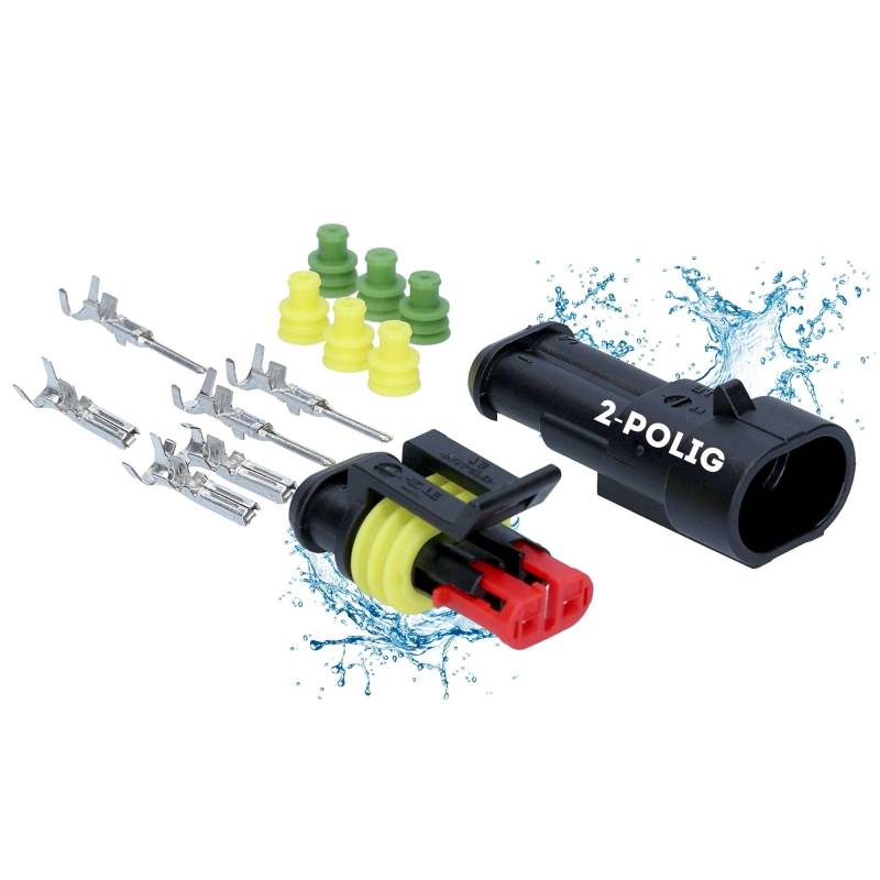 Kalitec KALI-1002 Superseal Set 2-Polig I KFZ Stecker 1,50 mm² max. 24 Volt I wasserdicht IP67 I ölbeständige Schnellverbinder Gehäusematerial PA GF für Auto, Motorrad I -40°C bis +125°C von Kalitec
