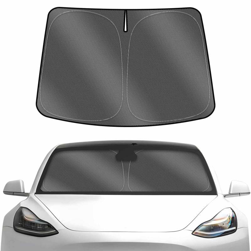 Karltys Windschutzscheiben-Sonnenschutz für 2017–2024 Tesla Model 3, UPF50+ 240T, silberfarbener reflektierender Sonnenschutz, Faltbare Frontscheibenabdeckung, Auto-UV-Strahlen-Sonnenblende, hält das von Karltys
