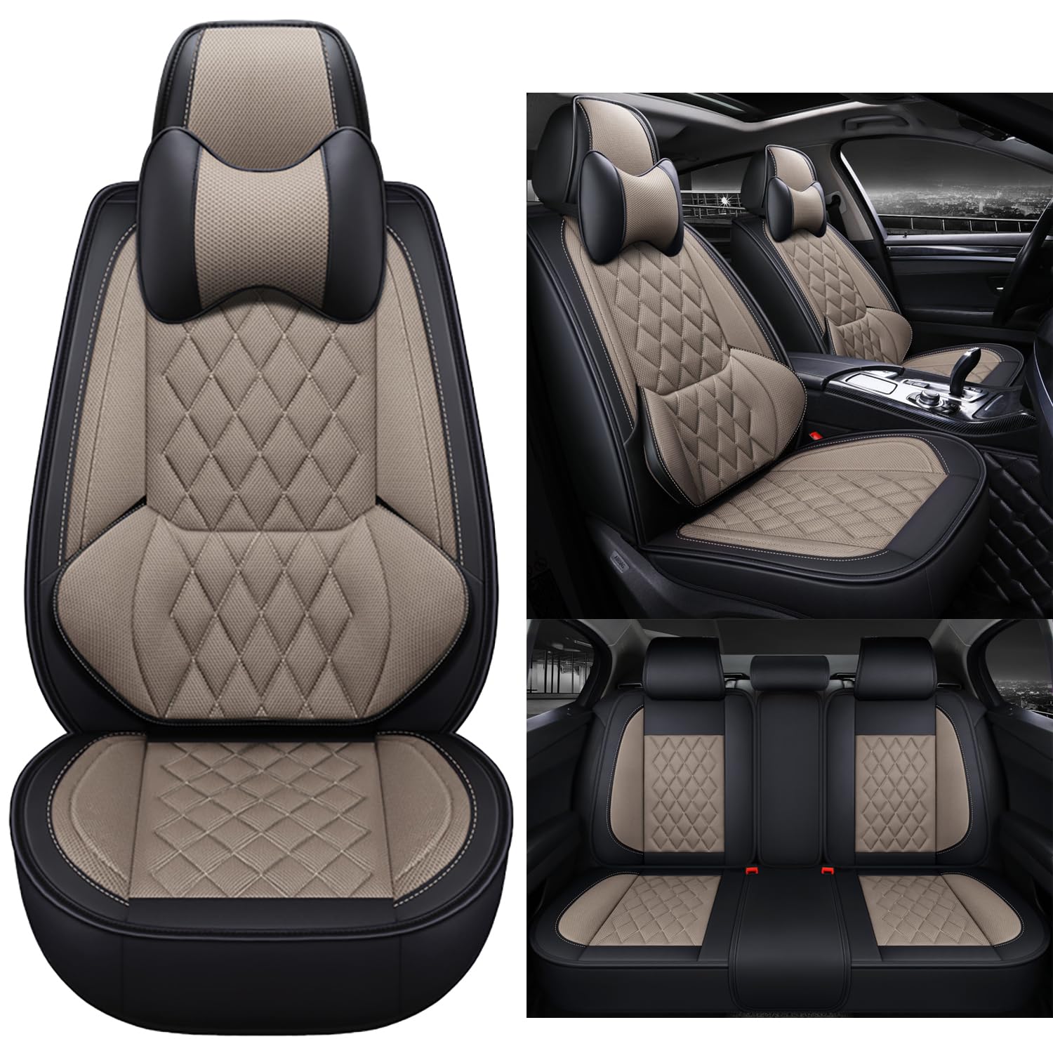 Karstry Autositzbezüge komplettes Set Universal in Stylish Design, Schonbezüge für Vordersitze und Rückbank, Auto Sitzbezüge Airbag Kompatibel, Premium Wasserdicht Sitzbezug, Beige Karstry Autositzbezüge komplettes Set Universal in Stylish Design, Schonbezüge für Vordersitze und Rückbank, Auto Sitzbezüge Airbag Kompatibel, Premium Wasserdicht Sitzbezug, Beige von Karstry