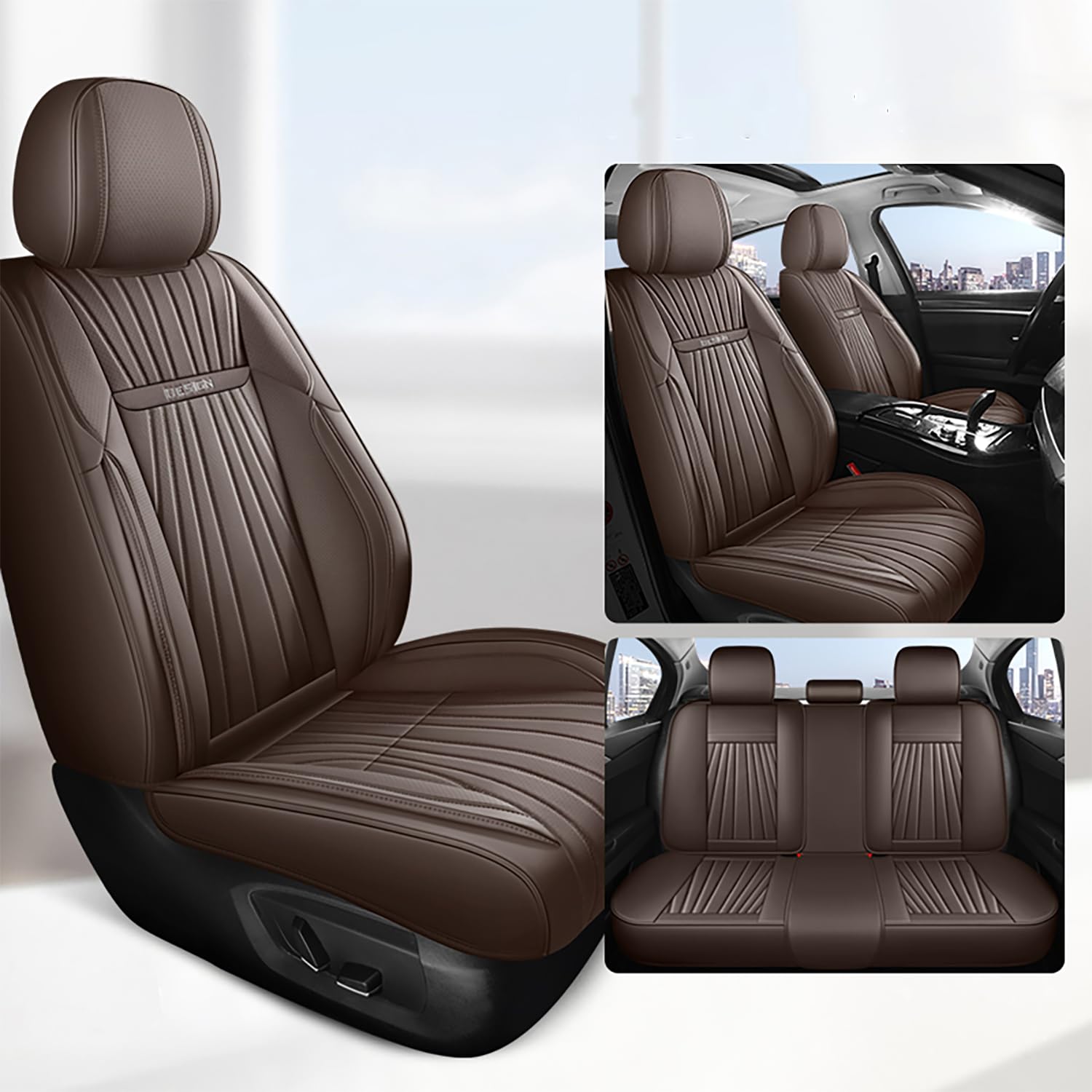 Karstry Autositzbezüge komplettes Set Universal in Stylish Design, Schonbezüge für Vordersitze und Rückbank, Auto Sitzbezüge Airbag Kompatibel, Premium Wasserdicht Sitzbezug, Braun von Karstry