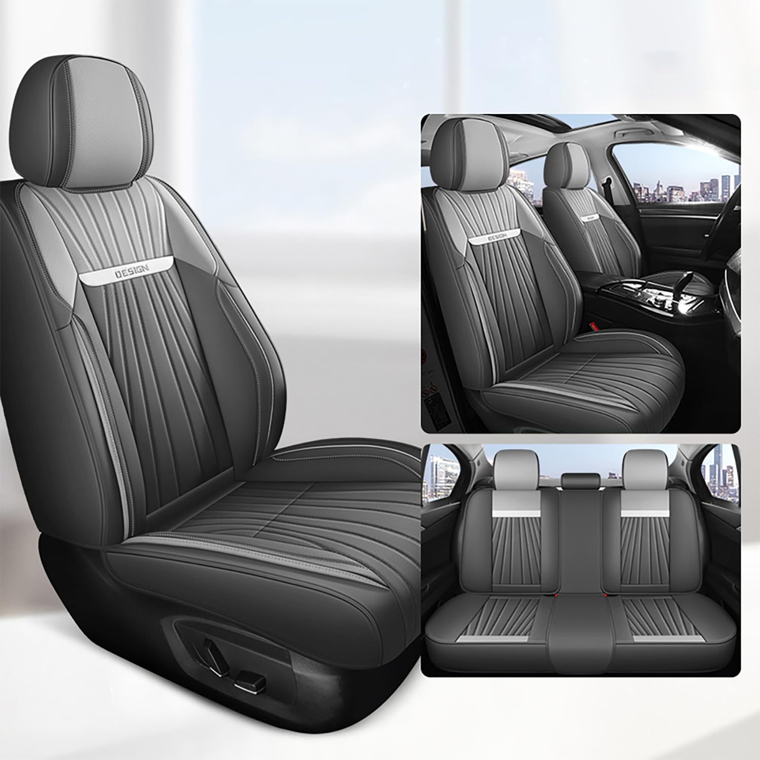 Karstry Autositzbezüge komplettes Set Universal in Stylish Design, Schonbezüge für Vordersitze und Rückbank, Auto Sitzbezüge Airbag Kompatibel, Premium Wasserdicht Sitzbezug, Grau Weiß von Karstry