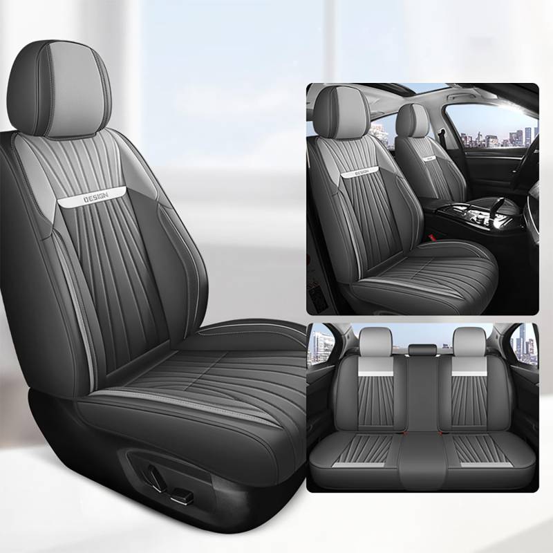 Karstry Autositzbezüge komplettes Set Universal in Stylish Design, Schonbezüge für Vordersitze und Rückbank, Auto Sitzbezüge Airbag Kompatibel, Premium Wasserdicht Sitzbezug, Grau Weiß von Karstry