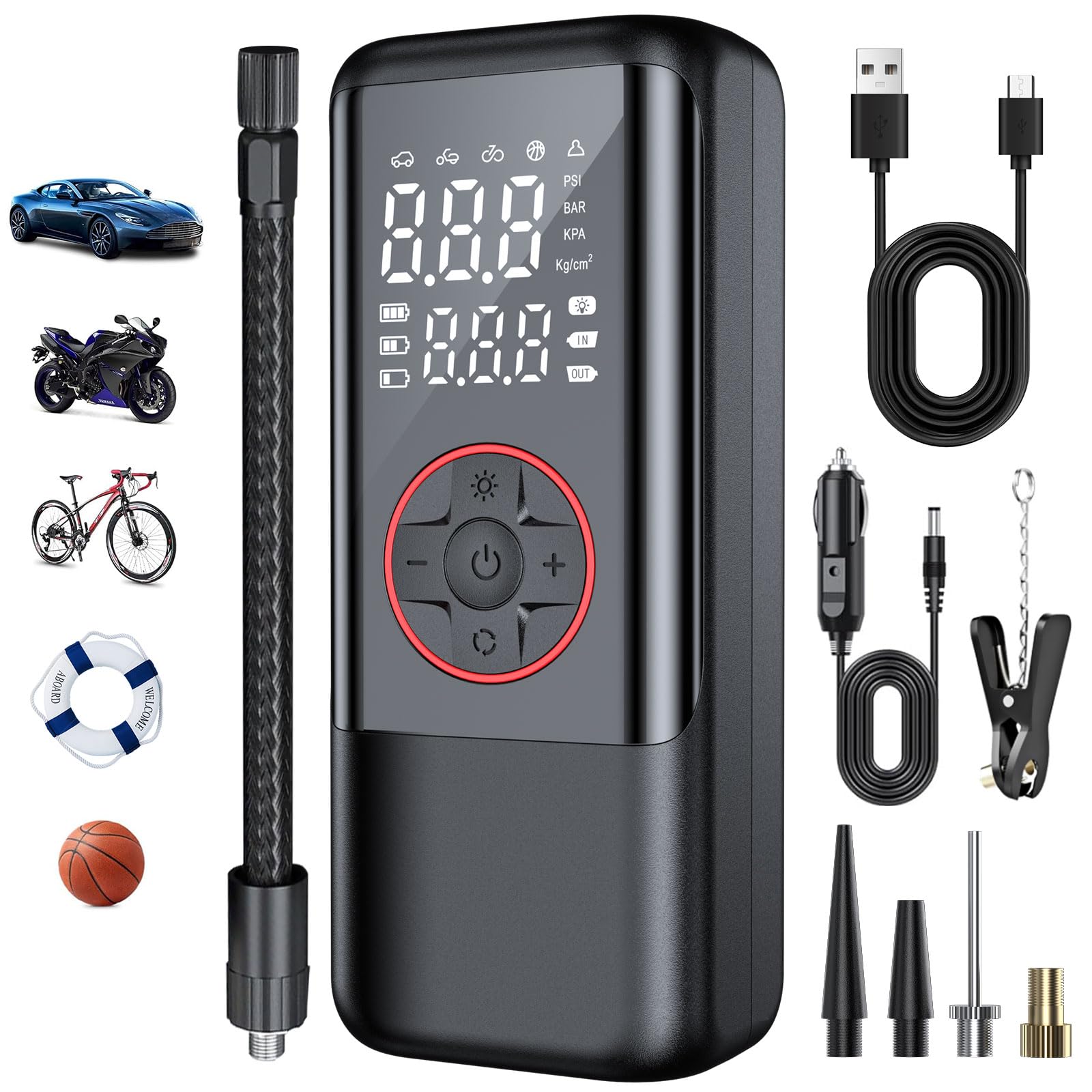 Kasakily Elektrische Luftpumpe Tragbare Fahrradpumpe 150PSI mit 7500mAh Akku Kompressor Klein Luftpumpe Elektrische Reifenpumpe mit Anzeige LED Licht für Auto Fahrrad Motorrad Bälle Als Powerbank von Kasakily