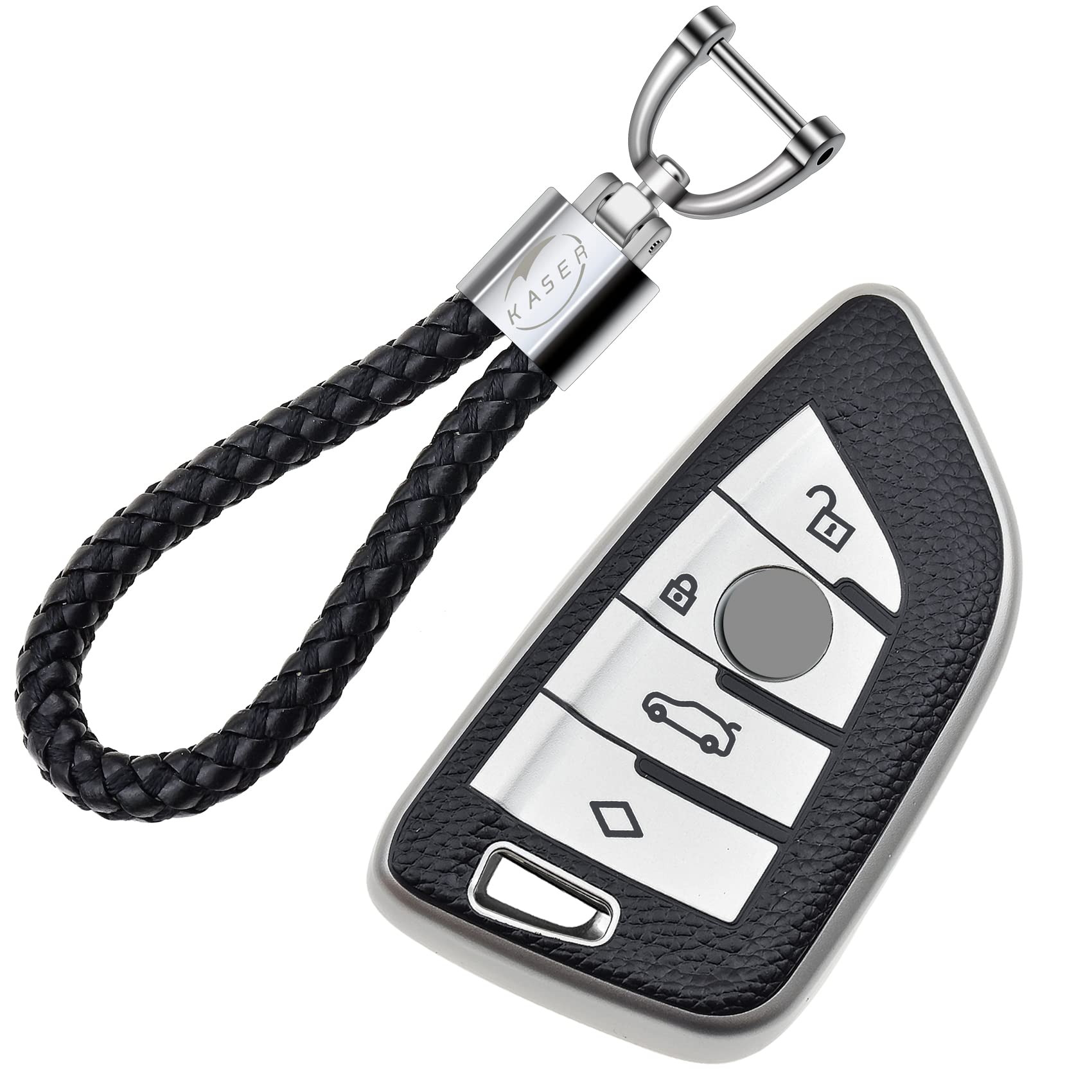 KASER Autoschlüssel Hülle kompatibel für BMW Serie 1 3 5 X1 X3 X4 X5 X6 Schlüsselanhänger Abdeckung Silikon Schutzhülle Ledereffekt (Silber) von Kaser