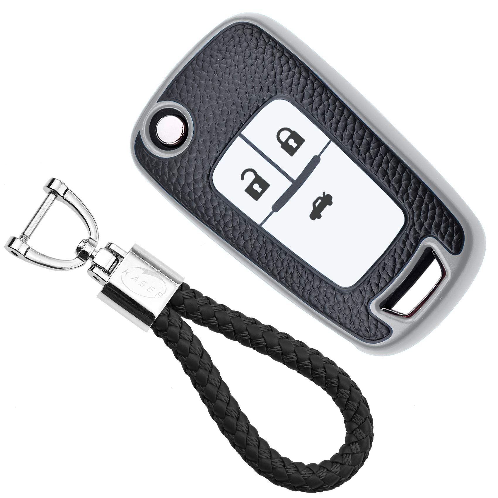 KASER Autoschlüssel Hülle kompatibel für Chevrolet Opel Mokka Astra Corsa Cruze Aveo Zafira Schlüsselanhänger Abdeckung Silikon Schutzhülle Ledereffekt (Silber) von Kaser