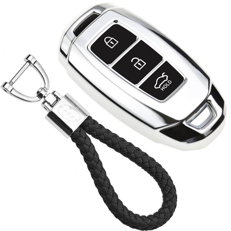 KASER Autoschlüssel Hülle kompatibel für Hyundai Keyless Cover TPU Silikon Hochglanz Schutzhülle Schlüsselhülle Fernbedienung Kona i10 i30 ioniq Tucson Nexo Schlüsselbund (Silber) von Kaser