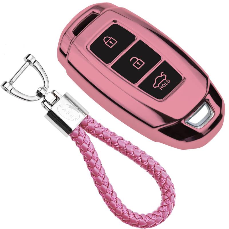 KASER Autoschlüssel Hülle kompatibel für Hyundai Keyless Cover TPU Silikon Hochglanz Schutzhülle Schlüsselhülle Fernbedienung Kona i10 i30 ioniq Tucson Santa Fe Schlüsselbund (Pink) von Kaser