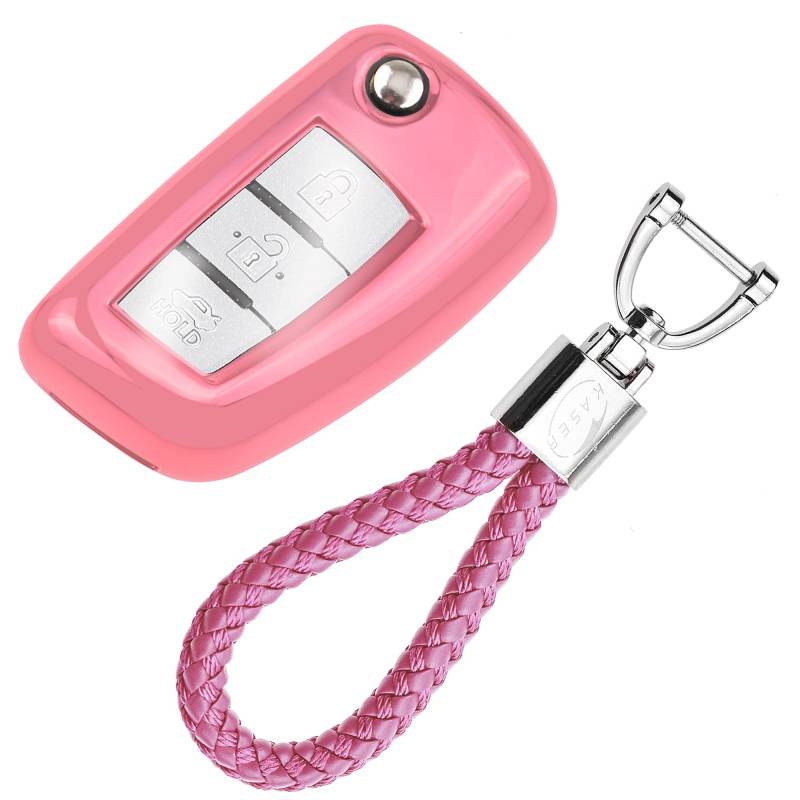 KASER Autoschlüssel Hülle kompatibel für Nissan Cover TPU Silikon Hochglanz Schutzhülle Schlüsselhülle Fernbedienung 2 und 3 Tasten Qashqai Juke X-Trail Micra Murano Schlüsselbund (Pink) von Kaser